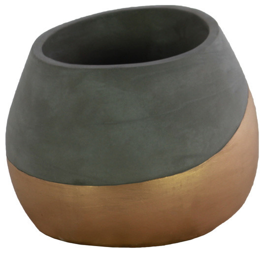 Cemented Bellied Flower Pot With Gold Banded Rim, Short, Gray ...
