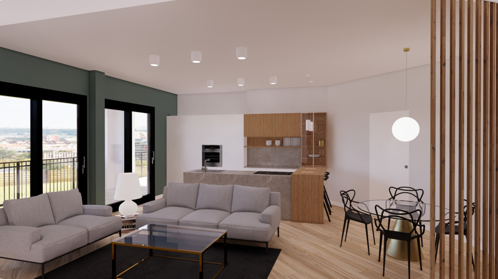 Идея дизайна: большая открытая гостиная комната в стиле модернизм с разноцветными стенами, светлым паркетным полом, горизонтальным камином и телевизором на стене