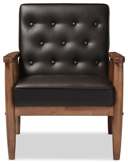 Sorrento Retro Upholstered Wooden Lounge Chair, Brown Faux Leather