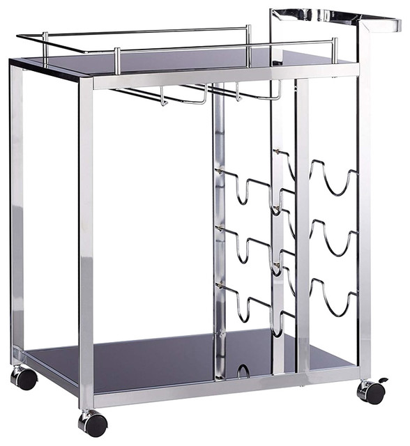Modern Serving Trolley Cart, Chromed Steel Frame With Wine Rack, Glass