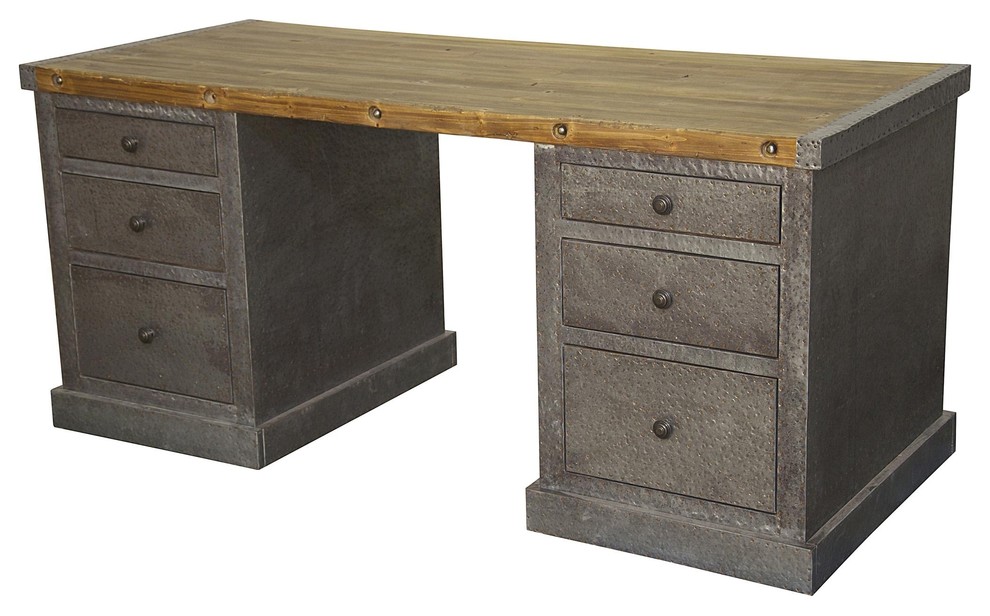 66 Long Office Desk 6 Drawer Solid Old Reclaimed Elm Wood Rustic Zinc Metal