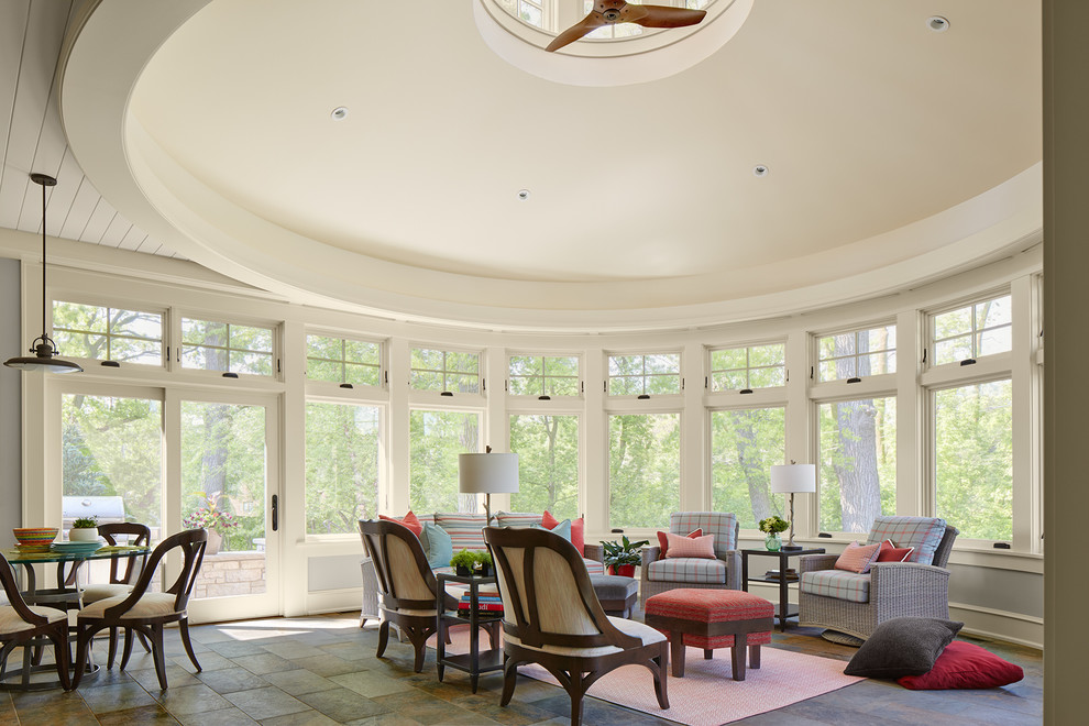 Design ideas for a large traditional sunroom in Minneapolis with ceramic floors, no fireplace, a skylight and multi-coloured floor.