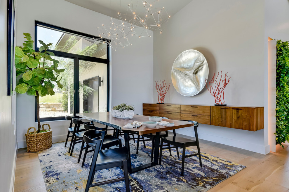 Photo of a contemporary dining room in Austin with white walls, light hardwood floors and no fireplace.