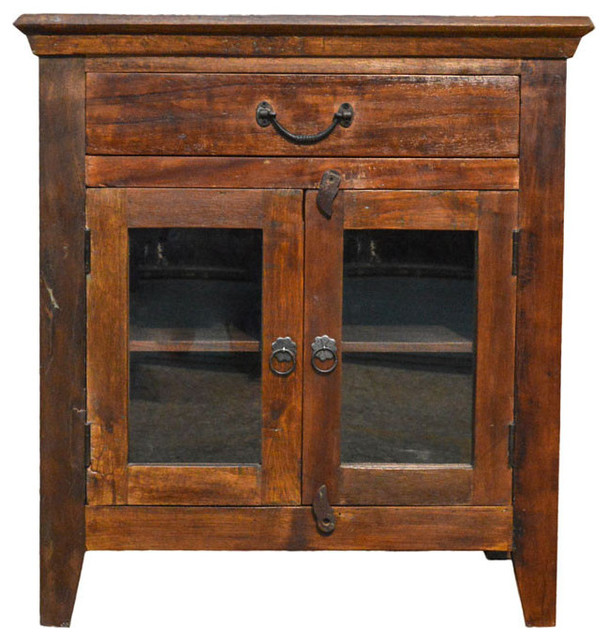 Reclaimed Rustic Floor Storage Cabinet Table With Glass Doors