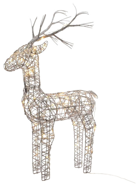 60cm Grey Wicker Standing Reindeer Outdoor, Warm White LED
