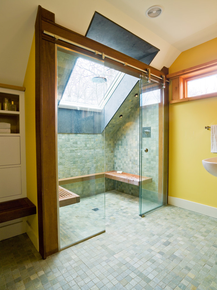 This is an example of a mid-sized arts and crafts master bathroom in Burlington with flat-panel cabinets, white cabinets, a drop-in tub, a corner shower, multi-coloured tile, stone tile, yellow walls and ceramic floors.