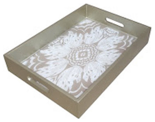 Reverse Hand-Painted Mirror Glass Tray With Handles in Sand and Silver