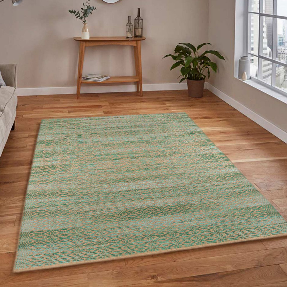 Zola Parquet Aqua/Green Jute/Rayon Flatweave Area Rug, 5'x8', 5'x8