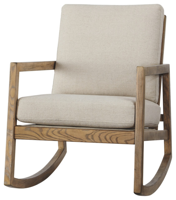 Fabric Accent Rocking Chair With Box Seat And Back Cushions, Beige And Brown
