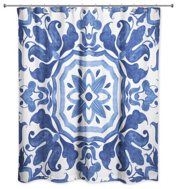 Blue Damask Tile 71x74 Shower Curtain Contemporary Shower Curtains