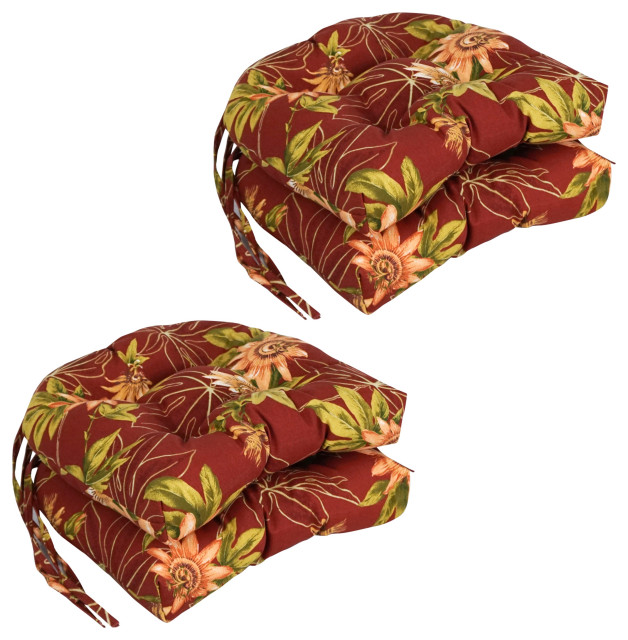 16" Patterned Outdoor UShaped Tufted Chair Cushions, Set of 4, Passion