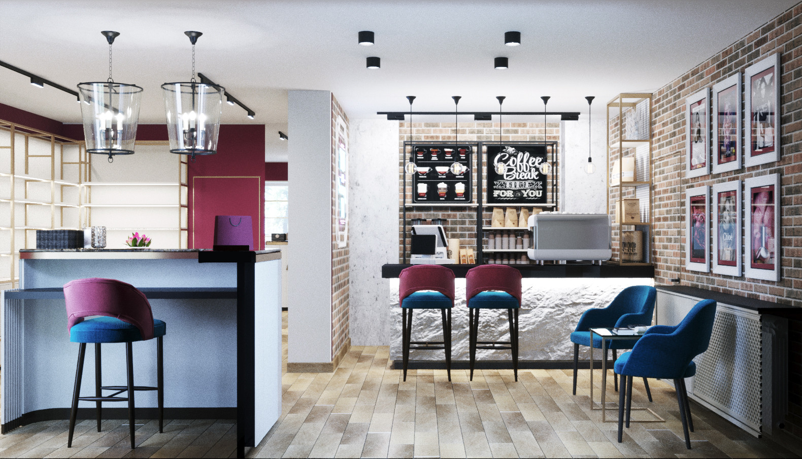 Дизайн интерьера магазина парфюмерии с зоной кафе в аутентичном стиле.