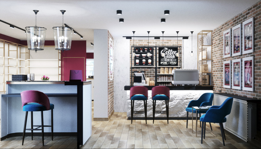 Дизайн интерьера магазина парфюмерии с зоной кафе в аутентичном стиле.