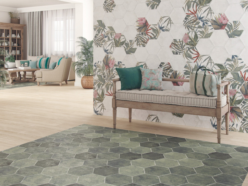 Idee per un grande soggiorno vittoriano aperto con pareti bianche, pavimento con piastrelle in ceramica e pavimento verde