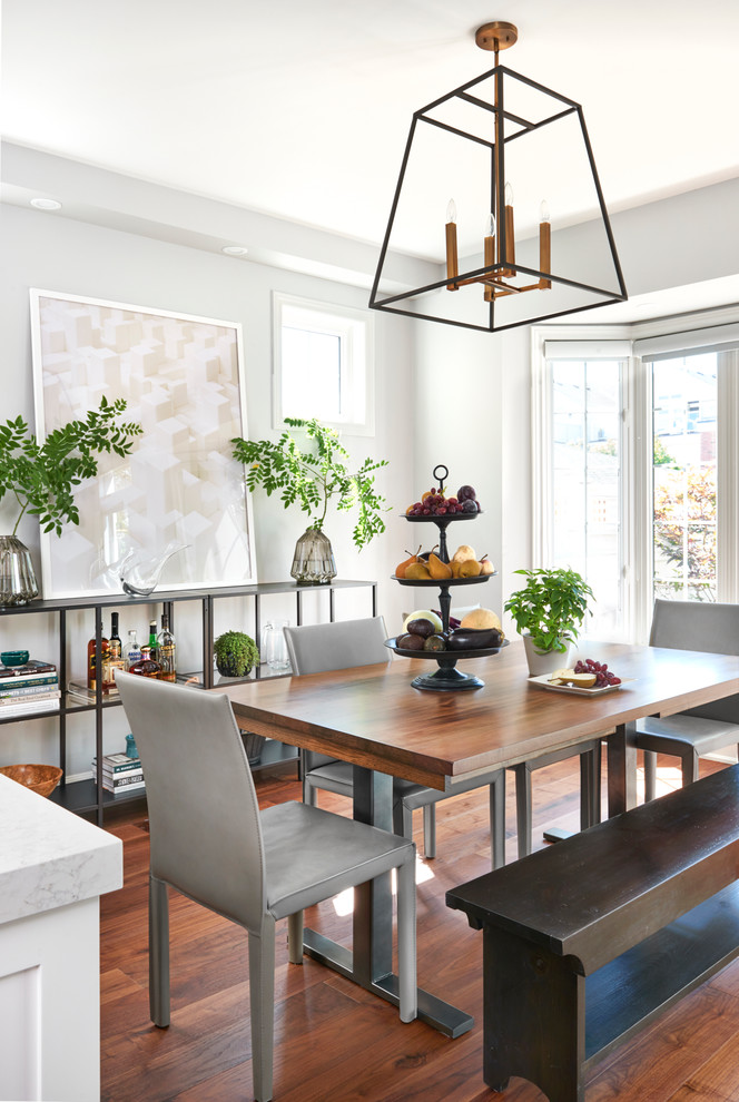 Transitional kitchen/dining combo in Toronto with white walls and dark hardwood floors.