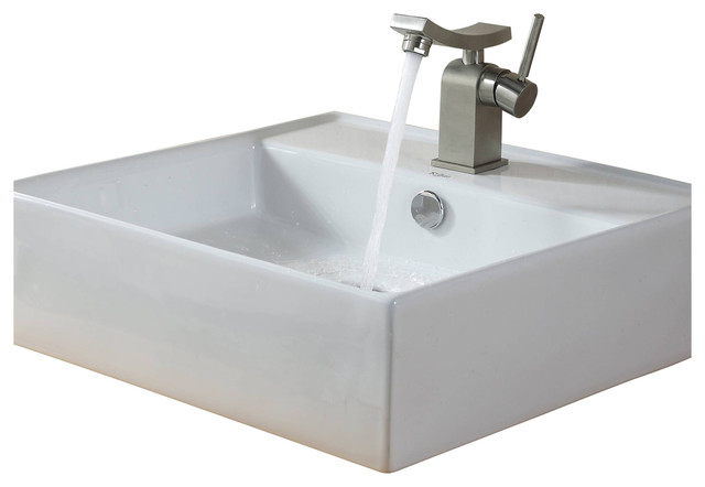 Kraus White Square Ceramic Sink and Unicus Basin Faucet Brushed Nickel