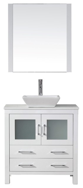 Dior 32" Single Vanity in White, White Engineered Stone Top, Square Sink, Mirror