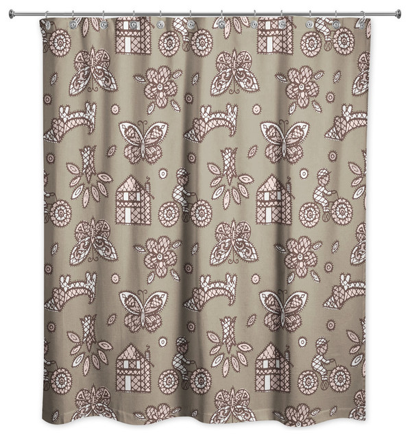 Kids Whimsical Folk Pattern In Pink, Pink And Brown Shower Curtain
