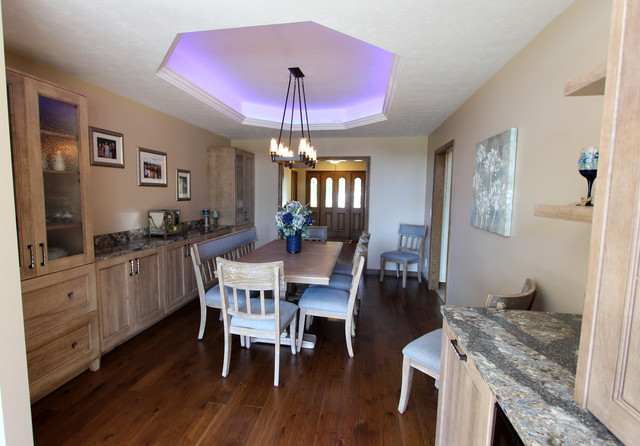 Rustic Dining Room Wet Bar With Cherry Cappuccino Cabinets And