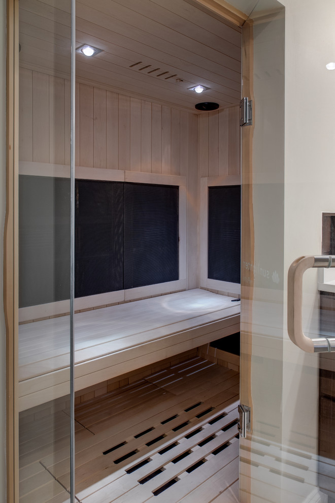 Home design - large modern master gray tile home design idea with an integrated sink, flat-panel cabinets, dark wood cabinets and gray walls