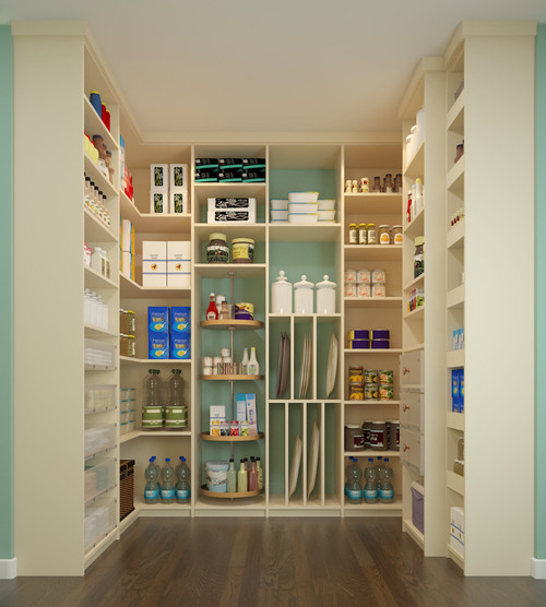 Pantry with vertical tray dividers storing baking sheets and cutting boards upright, plus adjustable shelves and a corner lazy Susan for organized access