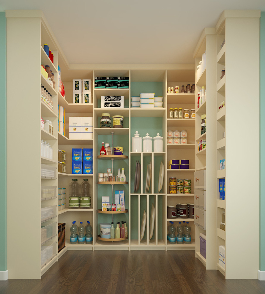 Design ideas for a mid-sized contemporary kitchen pantry in Los Angeles with dark hardwood floors.