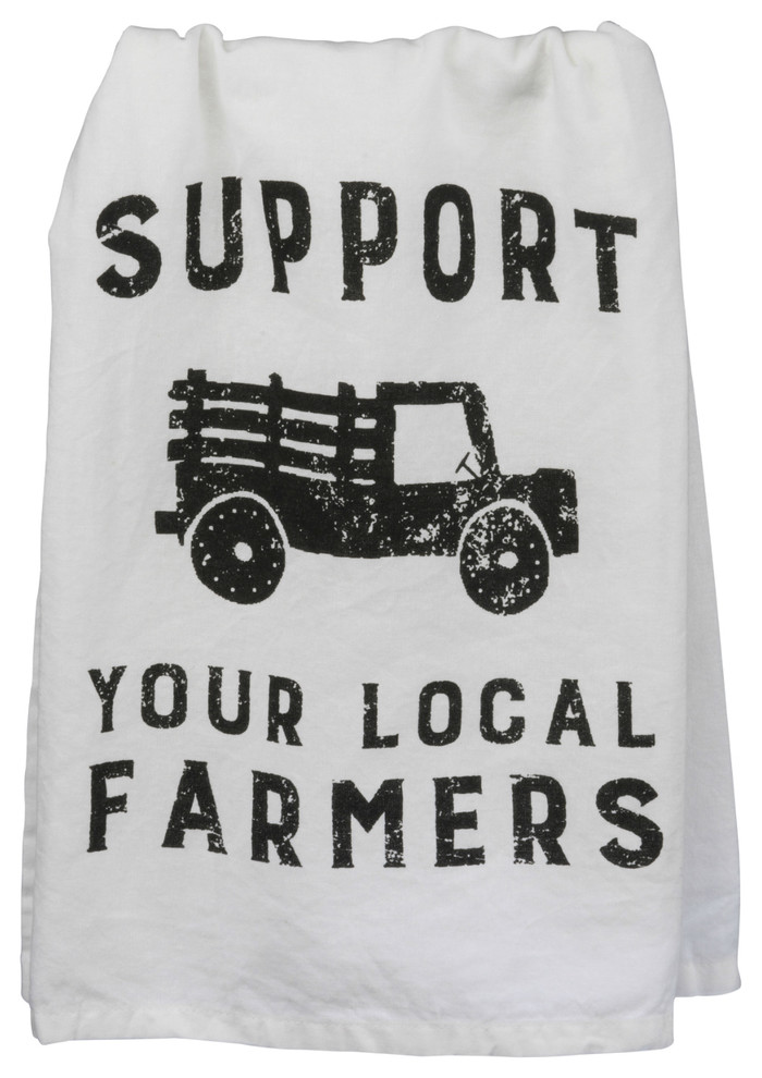 Support Your Local Farmers White with Black Printed Cotton Kitchen Dish Towel