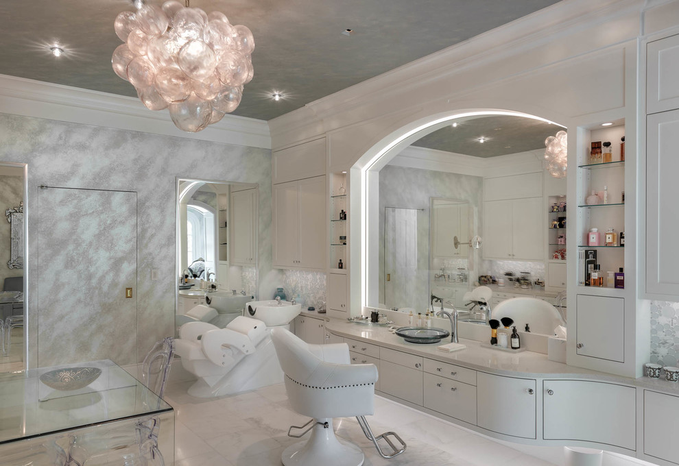 Inspiration for an expansive traditional master bathroom in Boston with flat-panel cabinets, white cabinets, marble floors, a vessel sink, marble benchtops, grey floor and grey benchtops.