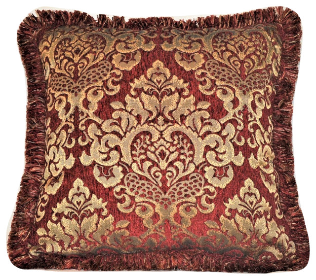 Chenille Throw Pillow With Fringe, Red/Gold, 14x21