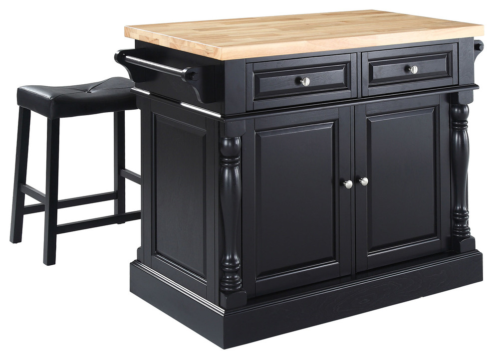 Butcher Block Top Kitchen Island, 24" Black Upholstered Saddle Stools