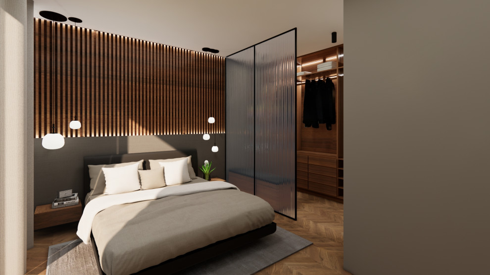 This is an example of a medium sized contemporary master bedroom in Stuttgart with grey walls and painted wood flooring.