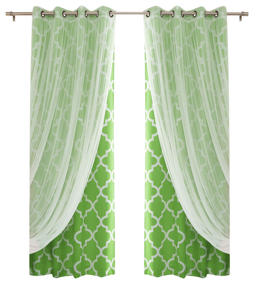 Gathered Tulle and Moroccan Trellis 4-Piece Darkening Curtain Set, Green