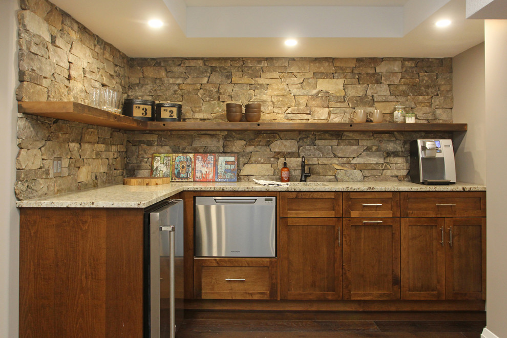 Basement - large transitional look-out dark wood floor and brown floor basement idea with beige walls
