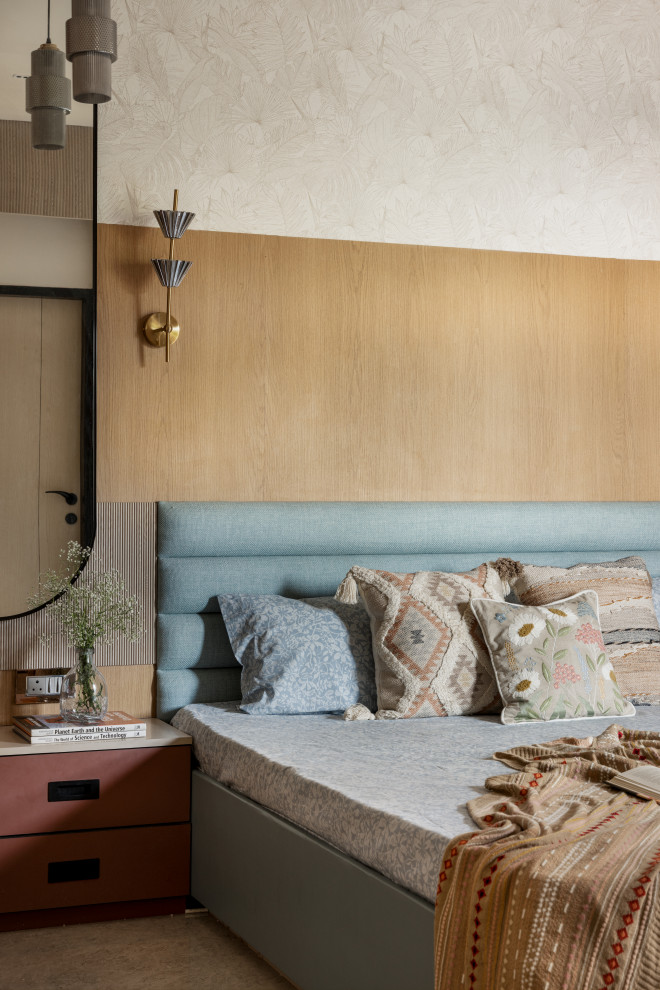 Design ideas for a Scandinavian bedroom With White Walls and Carpet.