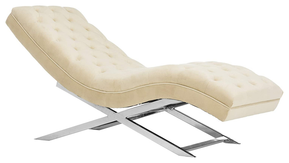 Modern Chaise Lounge, XShaped Base and Curved Velvet Upholstered Seat