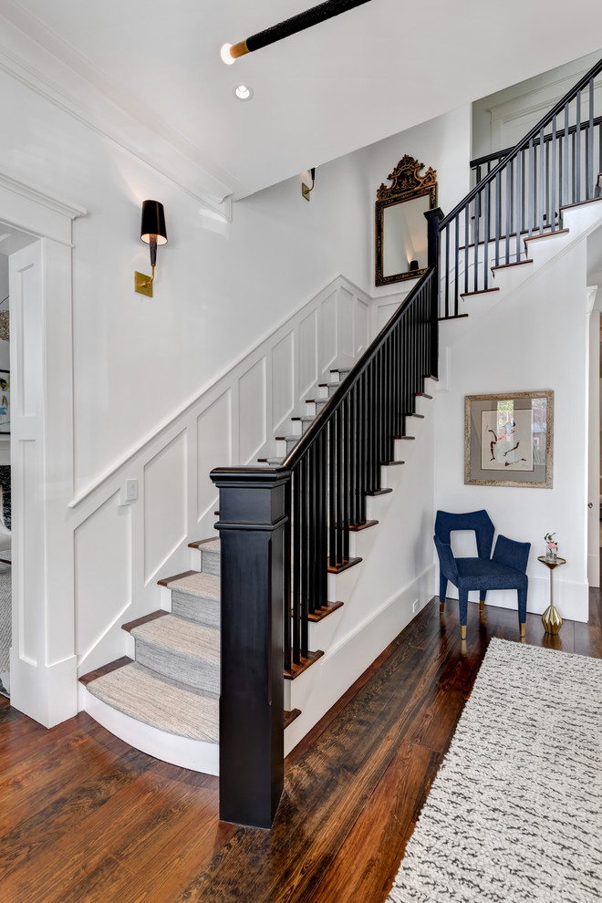 Inspiration for a traditional wood l-shaped staircase in Charleston with wood risers and wood railing.