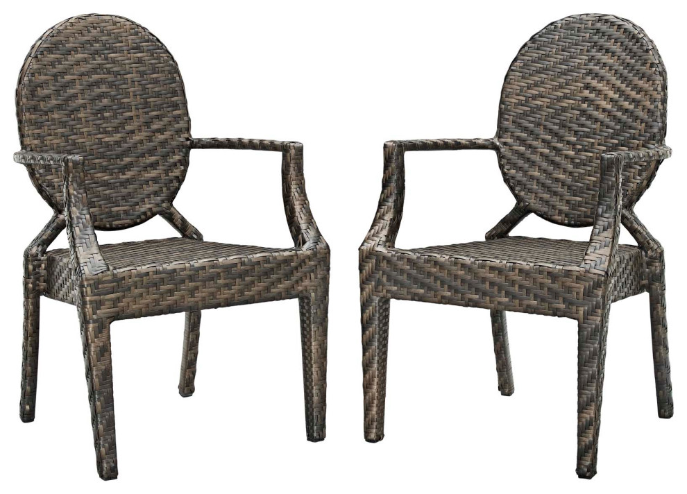 Side Dining Chair Armchair, Set of 2, Rattan, Wicker, Brown, Modern