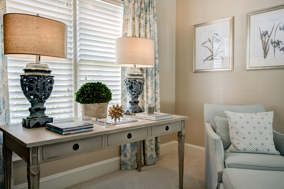Bedroom - mid-sized traditional master carpeted bedroom idea in Atlanta with beige walls