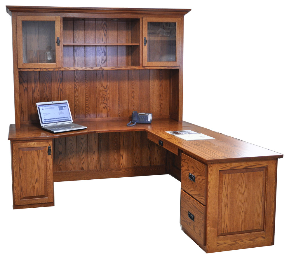 L shaped desk with slant front on left side, hutch top