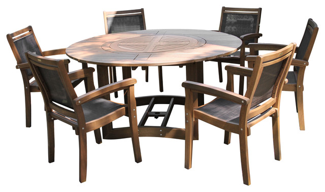 7 Piece Eucalyptus Dining Set With, Round Table With Lazy Susan And Chairs