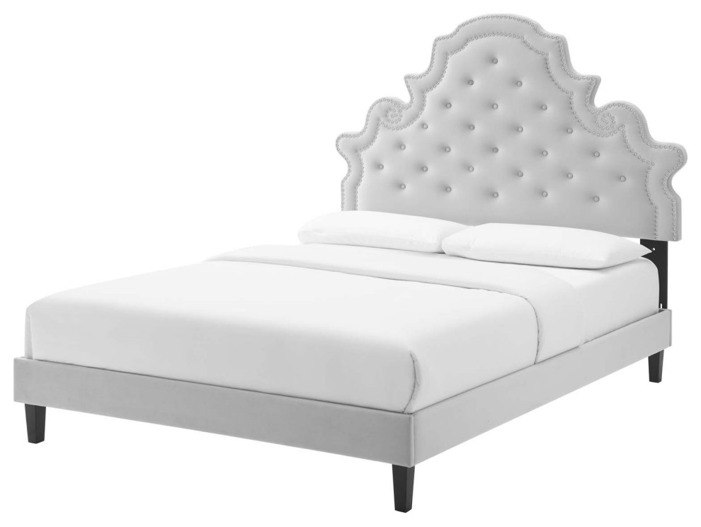 Tufted Platform Bed Frame, King Size, Velvet, Gray, Modern Contemporary
