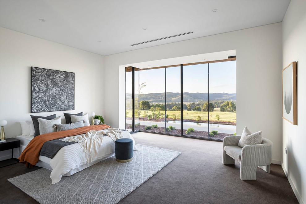 Large modern guest bedroom in Melbourne with white walls, carpet, no fireplace and grey floor.