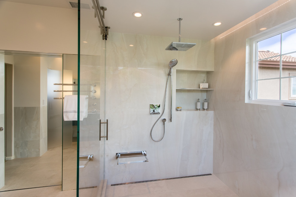 This is an example of a large modern master bathroom in San Francisco with an open shower, porcelain tile, white walls, porcelain floors and a sliding shower screen.