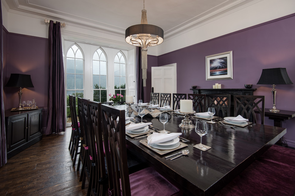 Large traditional separate dining room in Other with purple walls, dark hardwood floors, a wood stove, a stone fireplace surround and brown floor.