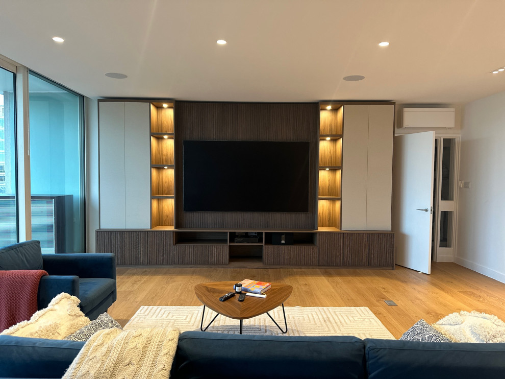 Bespoke Sleek Brown Media Unit with ribbed wood slat panels