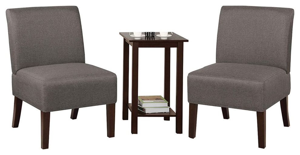 3 Piece Wooden Accent Table and Chair Set, Dark Gray and Brown
