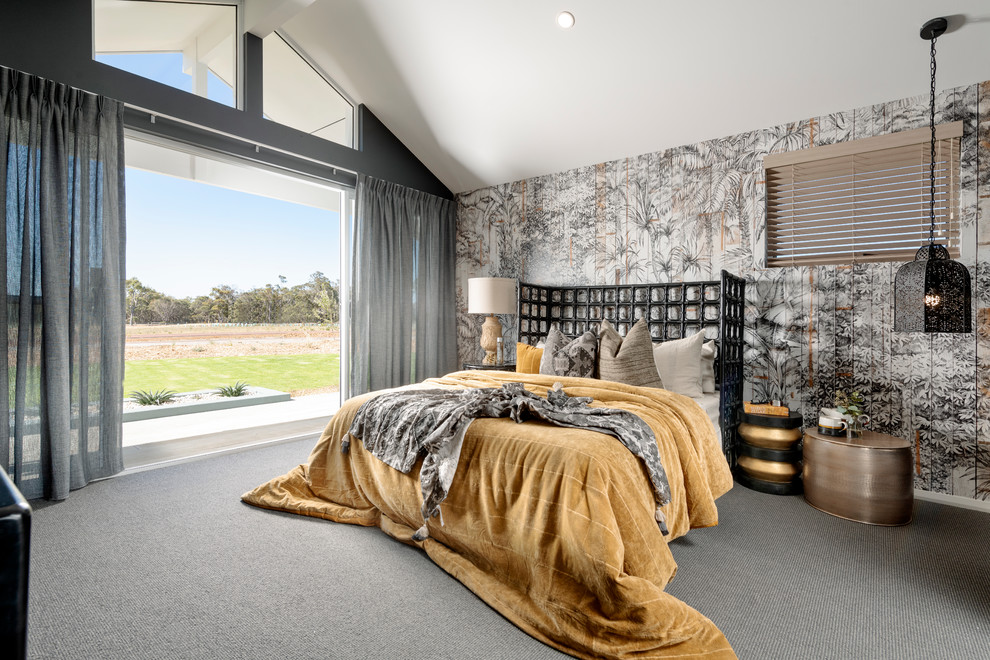 Inspiration for a bedroom in Perth with multi-coloured walls, carpet and grey floor.