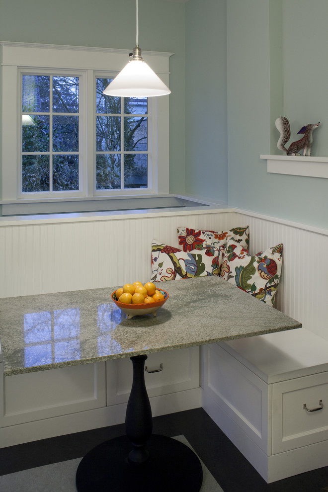 Mid-sized arts and crafts galley eat-in kitchen in Portland with shaker cabinets, white cabinets, granite benchtops, linoleum floors and no island.