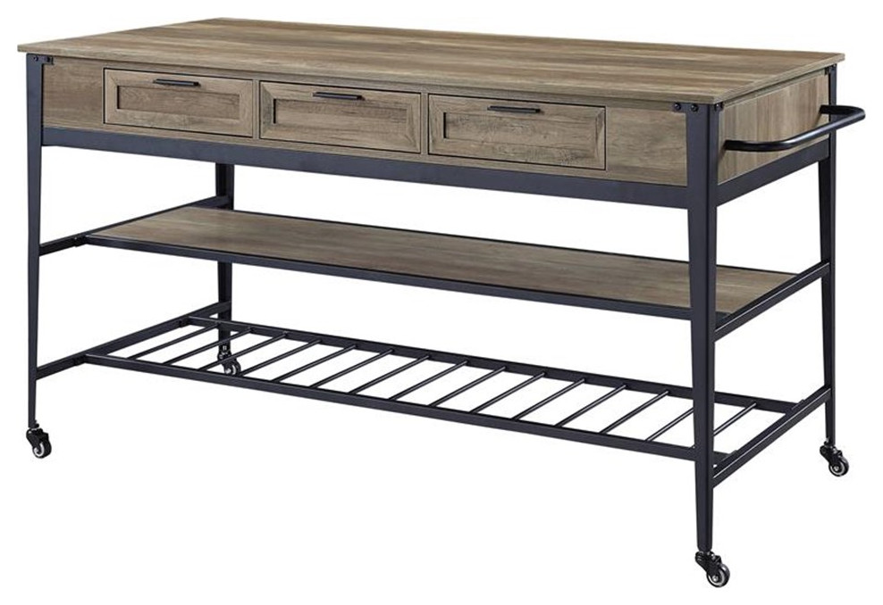 ACME Macaria Wooden Kitchen Island with 3 Drawers in Rustic Oak and Black