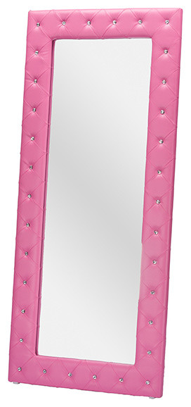 Stella Crystal Tufted Pink Leather, Crystal Tufted Modern Floor Mirror